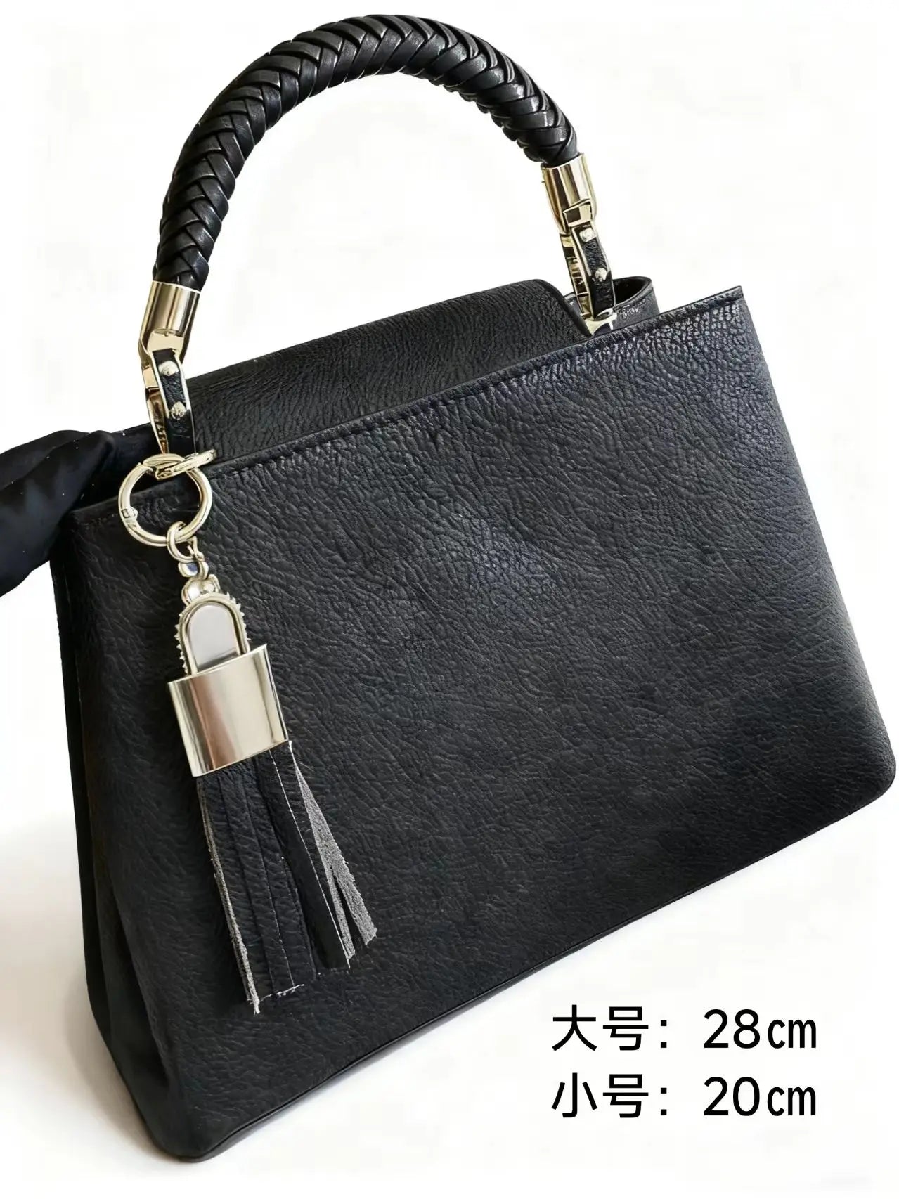 2025 New Size:28CM Stylish Black Leather Handbag: Braided Top Handle + Decorative Tassel Accessory