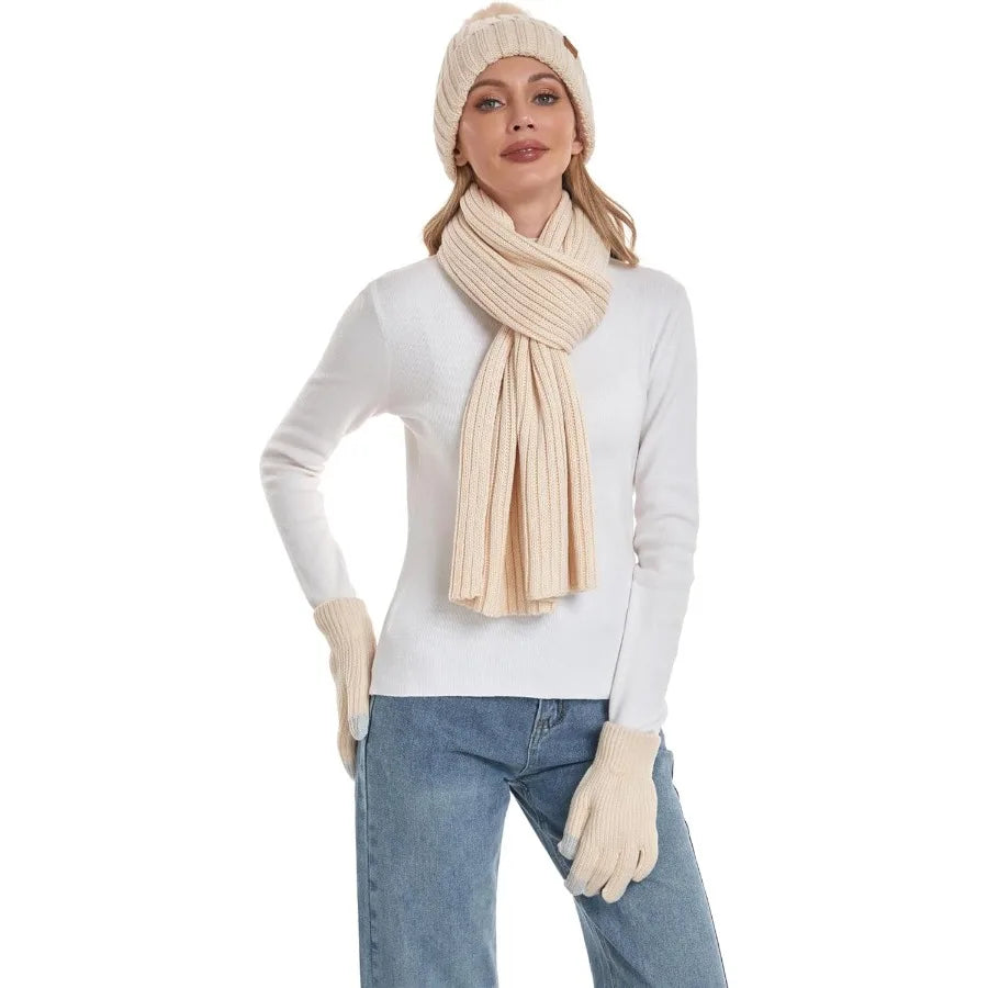 Winter Women's Long Scarf Gloves and Hat Set with Pom Pom for Cold Weather Protection Cozy Knit Beanie Hat with Matching Scarf