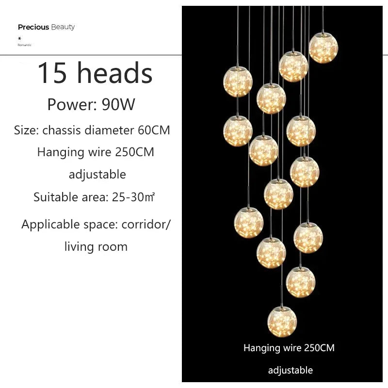 Nordic Glass Ball Led Pendant Lamp Gold Silvery for Staircase Living Room Hall Chandelier Home Decor Fixture