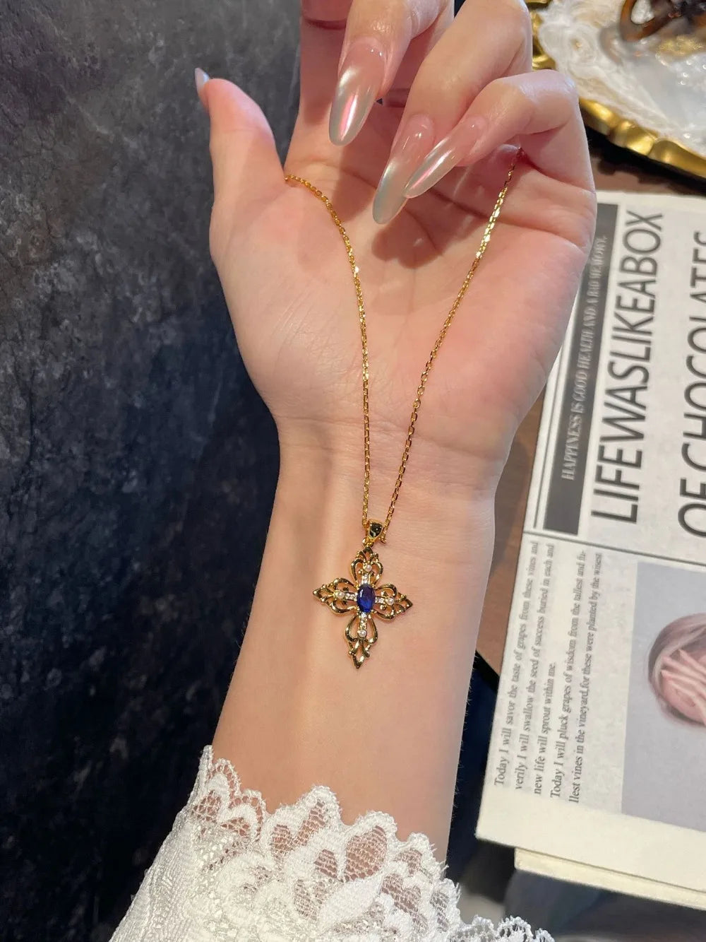 Sapphire Iris Cross Necklace Women's Light Luxury Niche Design Pendant Accessories Collarbone Chain Women