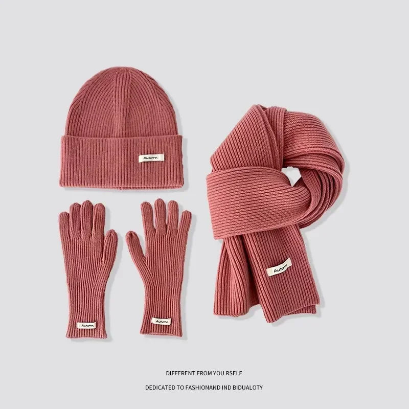 Knitted Winter Scarf Woman Solid Color Hat Scarf Gloves Women's Windproof Adult Three-piece Set Fashion Women's Scarf Hat Set