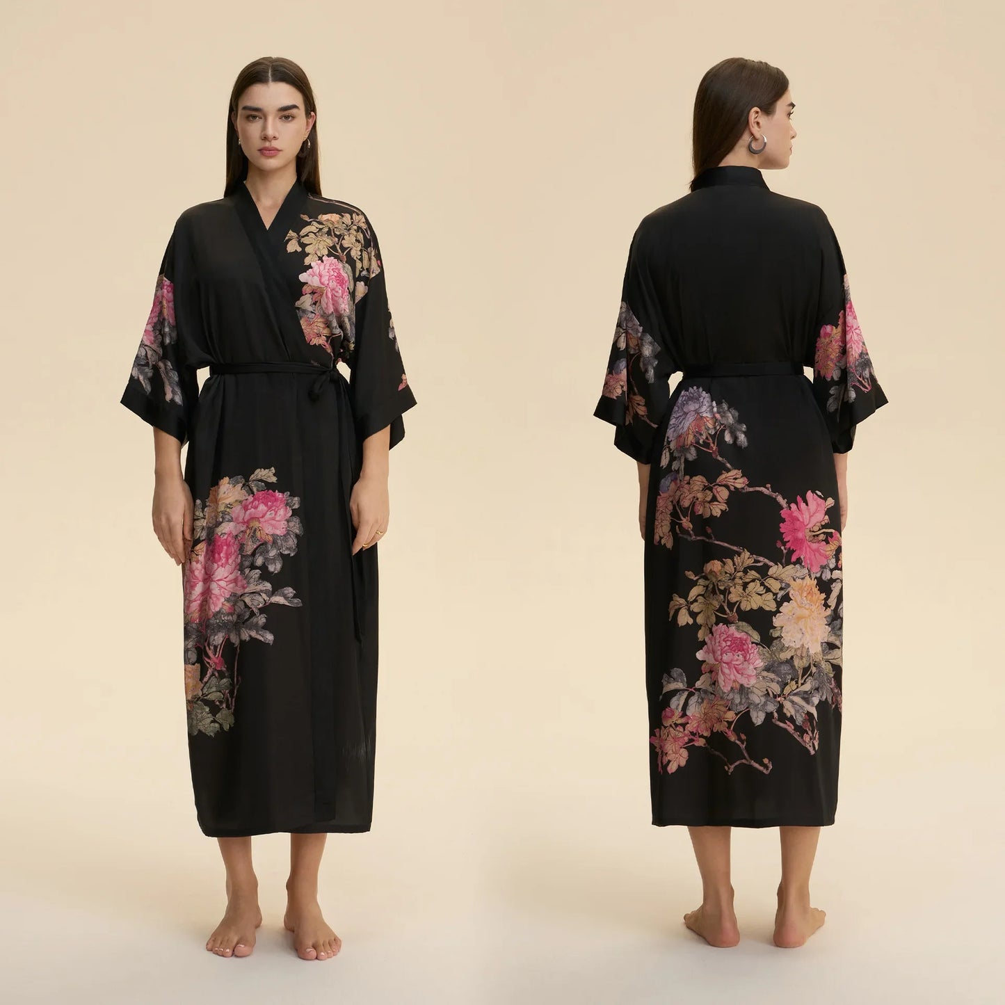 Chinese Style Print Flower Lonhg Robe Home Dress Silky Satin Kimono Bathrobe Gown Female Sleepwear Loose Nightgown Lounge Wear