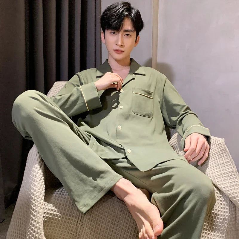 Pajamas Men's Long-Sleeved Spring and Autumn Men's Thin Youth Loose Home Clothes Two-Piece Suit