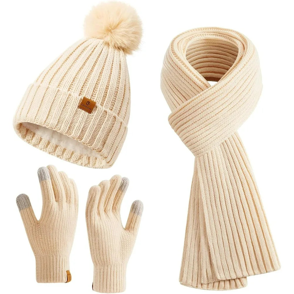 Womens Long Scarf Gloves and Hat Set Cold Weather Hat Scarf Glove Set for Women Winter Beanie Hats with Pom Pom