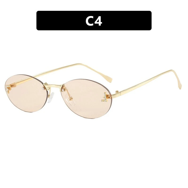 European and American Light Luxury Letter F Frameless Sunglasses Oval Retro Sunglasses Women's Fashionable Metal Sunglasses