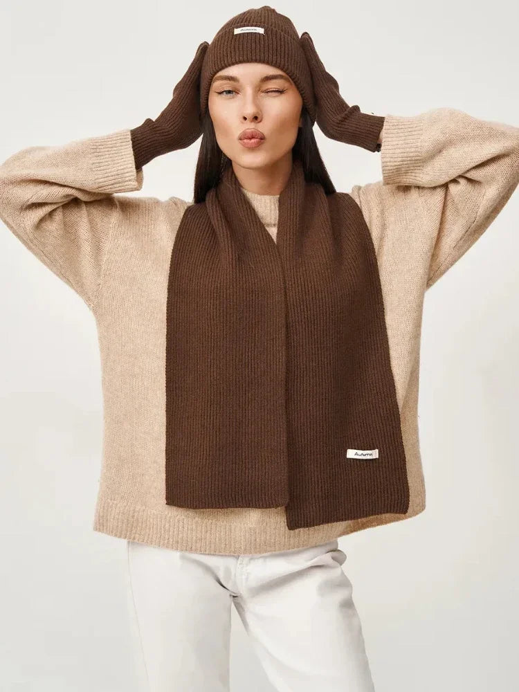 Knitted Winter Scarf Woman Solid Color Hat Scarf Gloves Women's Windproof Adult Three-piece Set Fashion Women's Scarf Hat Set