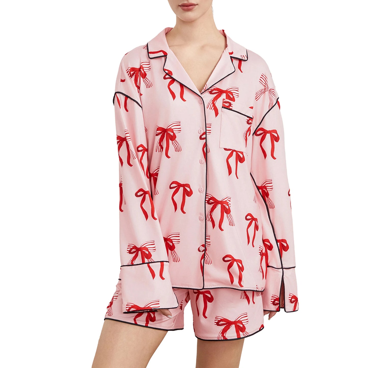 Women s Pajama Set V-Neck Long Sleeve Button Down Floral Print Tops Drawstring Waist Shorts Floral Print 2 Piece Lounge