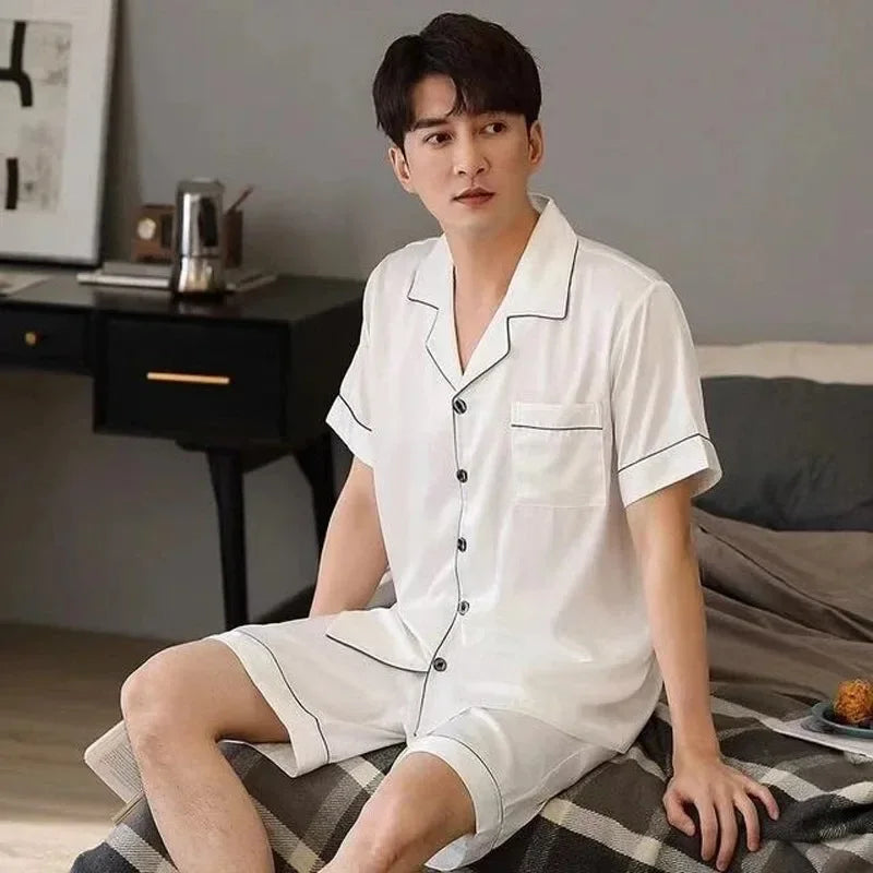 Solid Color Sleepwear Silk Satin Pajamas Couple Set Short-sleeved Pyjamas Suit Pijama Women Men Loungewear Plus Size Pj Set