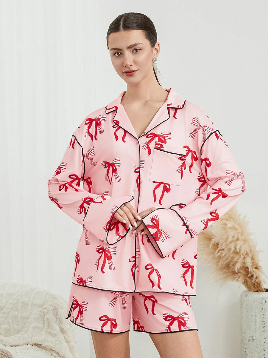 Women s Pajama Set V-Neck Long Sleeve Button Down Floral Print Tops Drawstring Waist Shorts Floral Print 2 Piece Lounge
