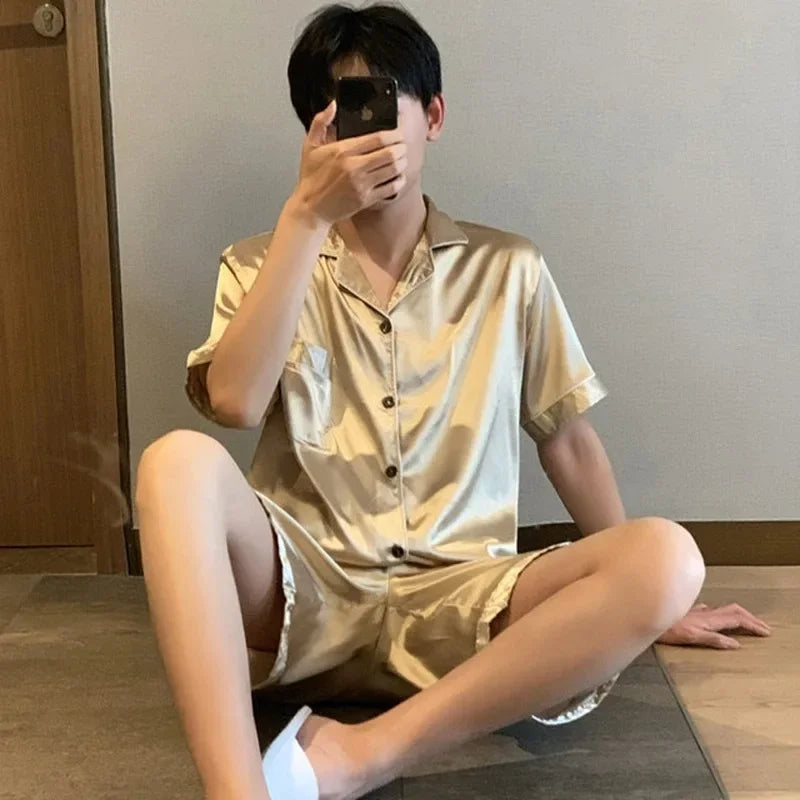 Solid Color Sleepwear Silk Satin Pajamas Couple Set Short-sleeved Pyjamas Suit Pijama Women Men Loungewear Plus Size Pj Set