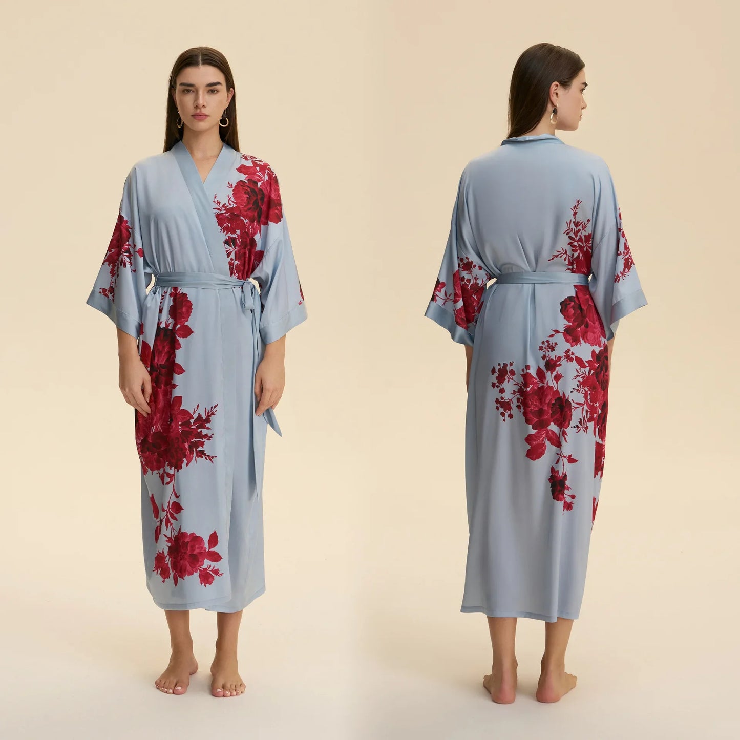 Chinese Style Print Flower Lonhg Robe Home Dress Silky Satin Kimono Bathrobe Gown Female Sleepwear Loose Nightgown Lounge Wear