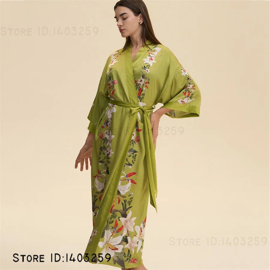 Chinese Style Print Flower Lonhg Robe Home Dress Silky Satin Kimono Bathrobe Gown Female Sleepwear Loose Nightgown Lounge Wear