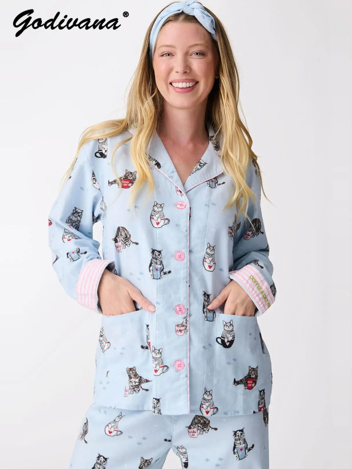 Japanese 100% Cotton Cute Cartoon Printed Pajamas Women's Spring Autumn and Winter Comfortable Loungewear Set Casual Sleepwear