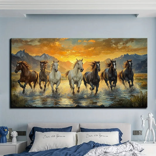 Elegant Feng Shui Seven horse canvas wall art with pine frame - waterproof, 1.5 inch thick horse decoration for sunset scenes