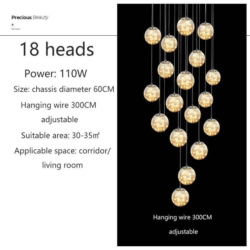 Nordic Glass Ball Led Pendant Lamp Gold Silvery for Staircase Living Room Hall Chandelier Home Decor Fixture
