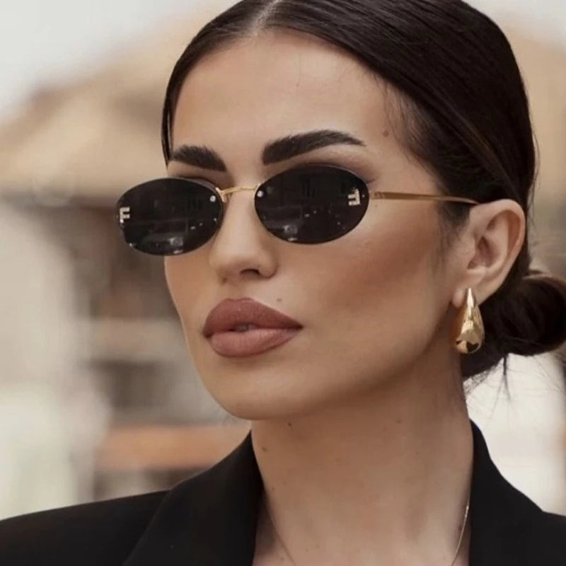 European and American Light Luxury Letter F Frameless Sunglasses Oval Retro Sunglasses Women's Fashionable Metal Sunglasses
