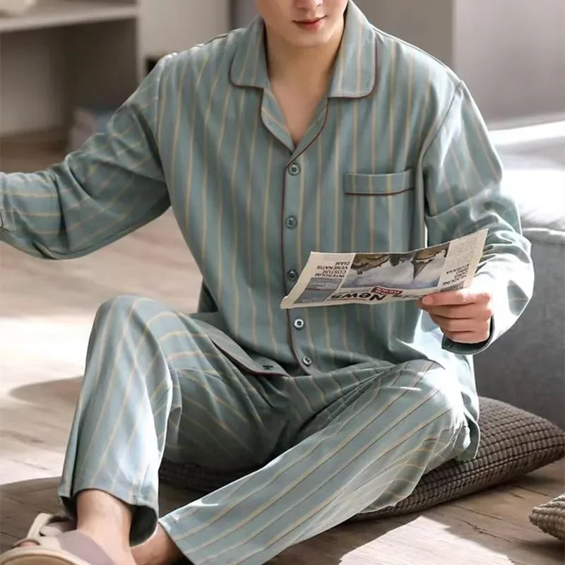 Pajamas Men's Long-Sleeved Spring and Autumn Men's Thin Youth Loose Home Clothes Two-Piece Suit