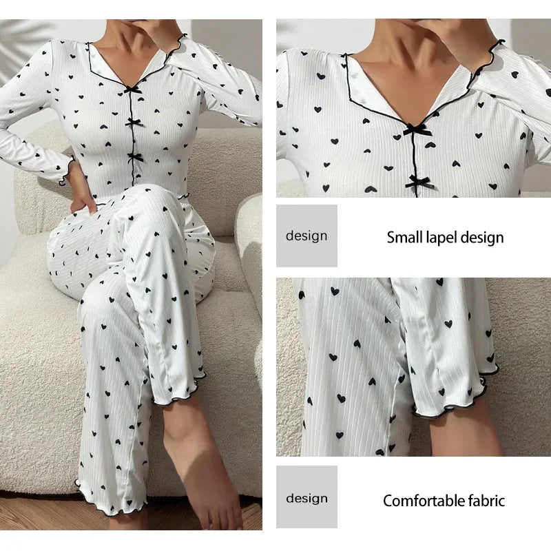 Women's V-Neck Pajama Set with Heart-Shaped Printed Long Sleeved Paired with Long Pants and Lettuce Trimmed Women's Pajama Set
