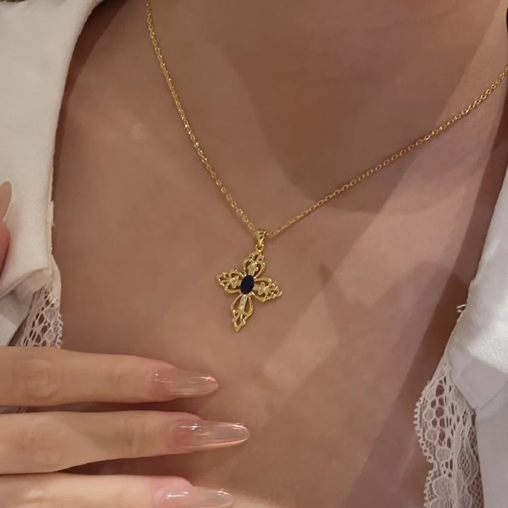 Sapphire Iris Cross Necklace Women's Light Luxury Niche Design Pendant Accessories Collarbone Chain Women