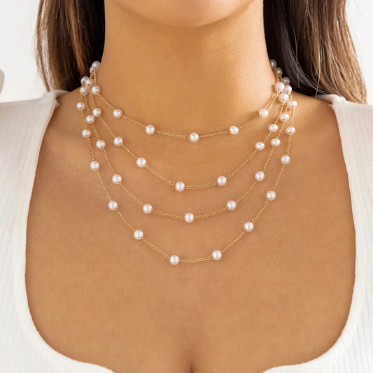 Multilayer Imitation Pearl Choker Necklace Women Vintage Gold Tassel Chain Clavicle Jewelry Wedding Party Accessories Gift