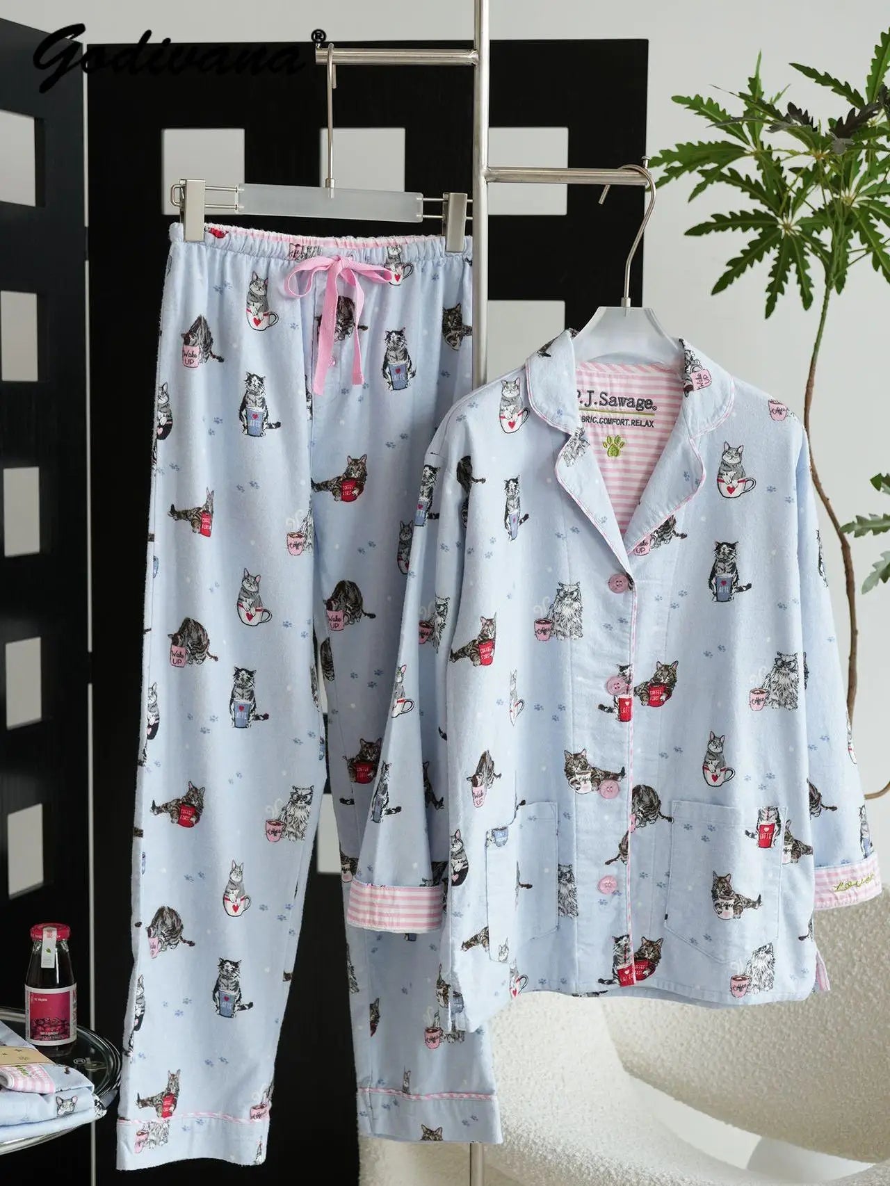 Japanese 100% Cotton Cute Cartoon Printed Pajamas Women's Spring Autumn and Winter Comfortable Loungewear Set Casual Sleepwear