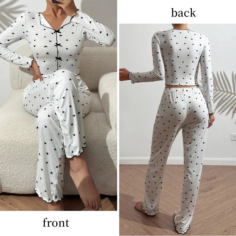 Women's V-Neck Pajama Set with Heart-Shaped Printed Long Sleeved Paired with Long Pants and Lettuce Trimmed Women's Pajama Set