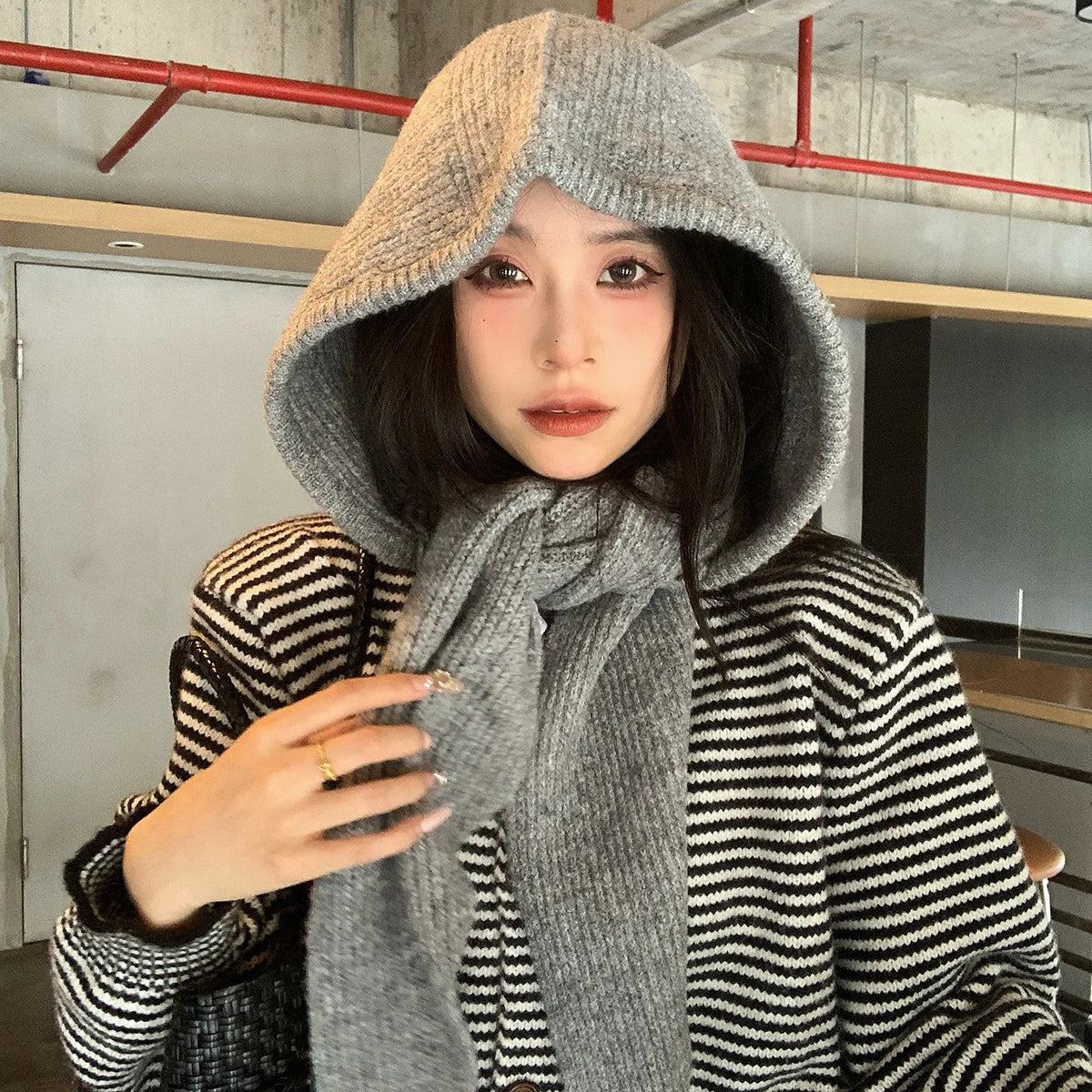 Wool Blend Balaclava Scarf Hat Warm Knitted Hood with Neck Cover Winter Outdoor Skiing Hiking Unisex for Men Women Red Retro