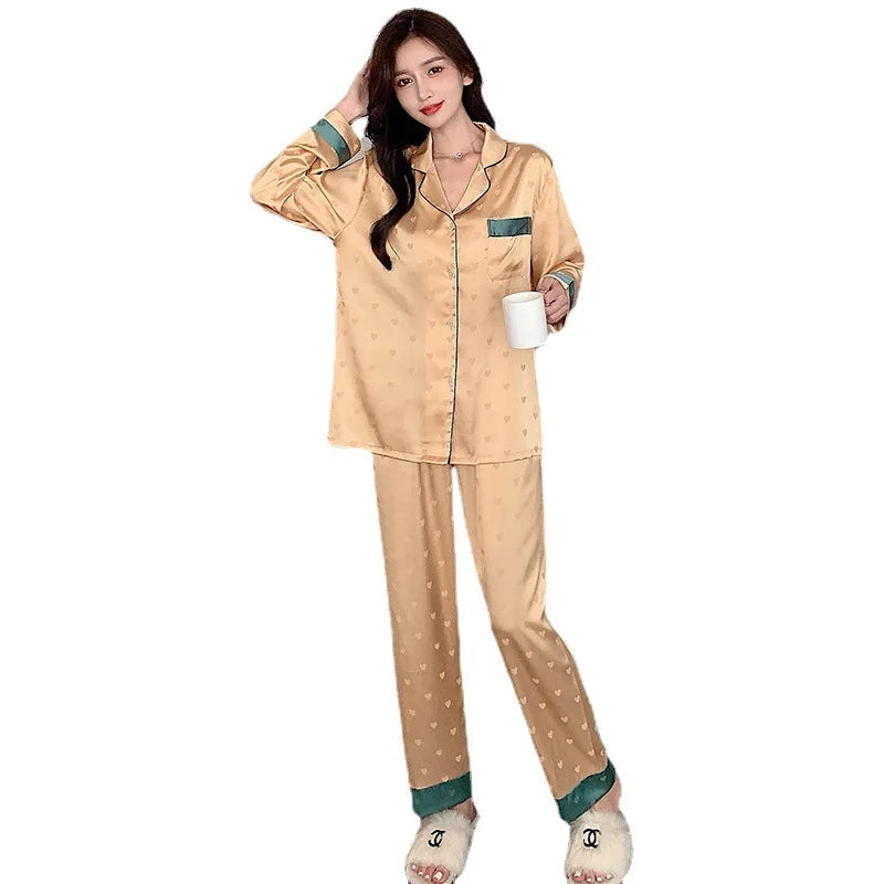 Top Autumn New Ice Silk Women Pajama Lapel Button Cardigan Outfits for Women 2 Piece Set Fashion Printing Set Clothes for Women