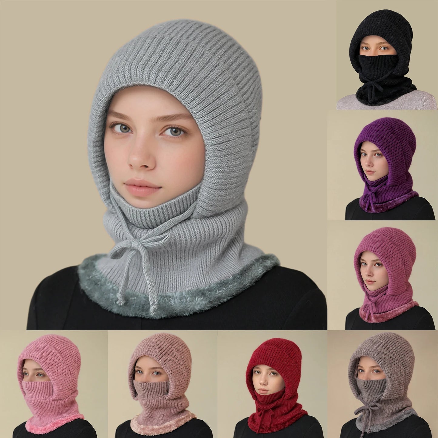 Women'S Scarf Face Mask One-Piece Knitted Hat With Thick Velvet Insulation And Warm Woolen Hat Winter Hat Woman