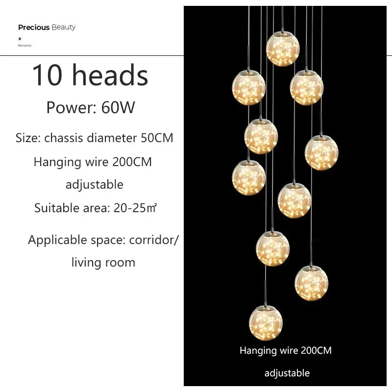 Nordic Glass Ball Led Pendant Lamp Gold Silvery for Staircase Living Room Hall Chandelier Home Decor Fixture