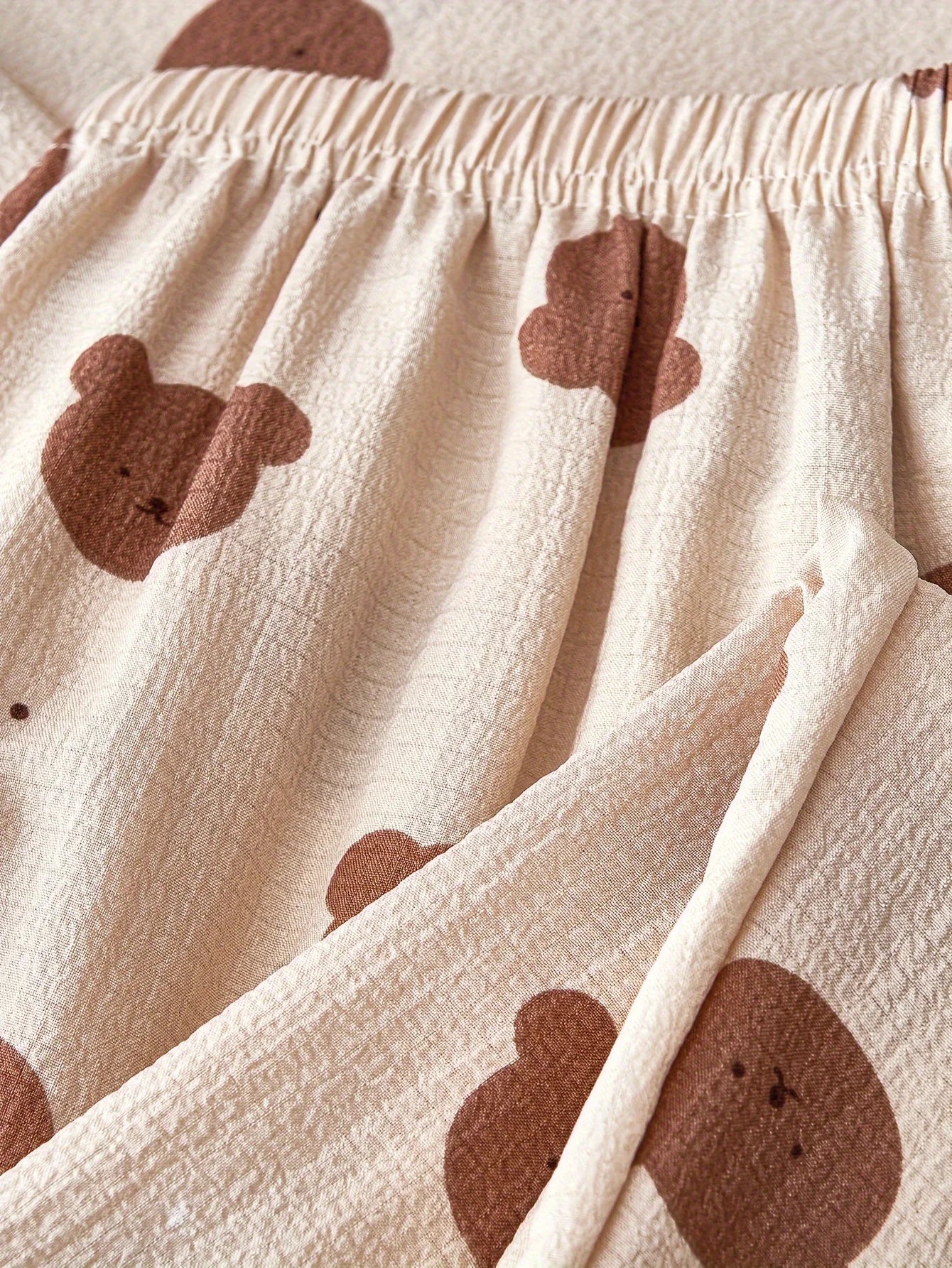 Cozy Bear Print Pajama Set for Women - Long Sleeve, Button-Up Lapel Top & Elastic Waist Pants, Machine Washable, for Autumn
