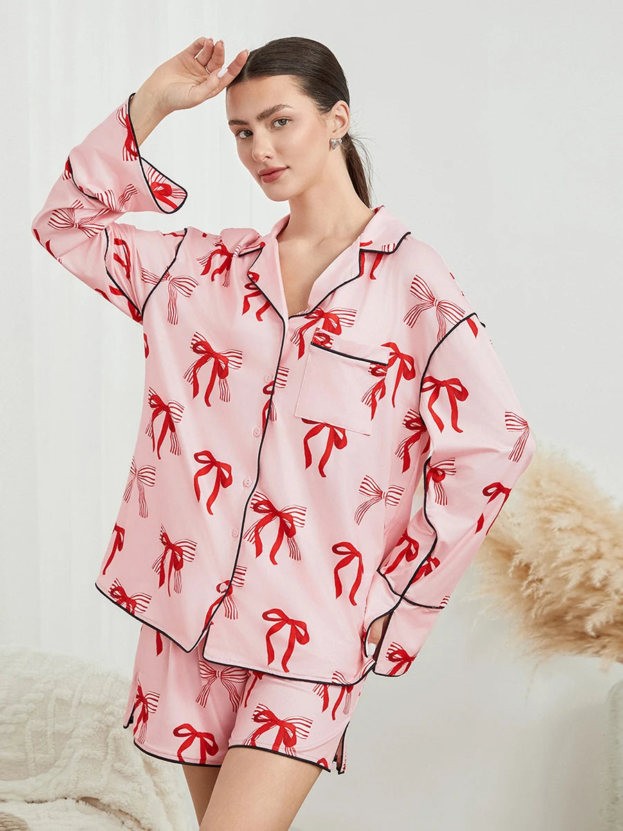 Women s Pajama Set V-Neck Long Sleeve Button Down Floral Print Tops Drawstring Waist Shorts Floral Print 2 Piece Lounge