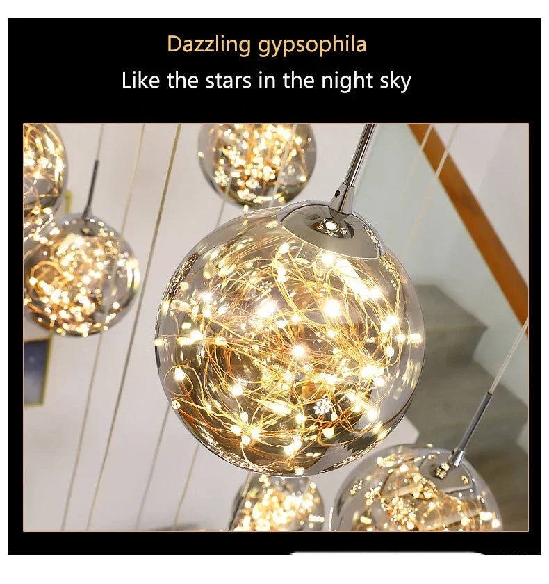 Nordic Glass Ball Led Pendant Lamp Gold Silvery for Staircase Living Room Hall Chandelier Home Decor Fixture