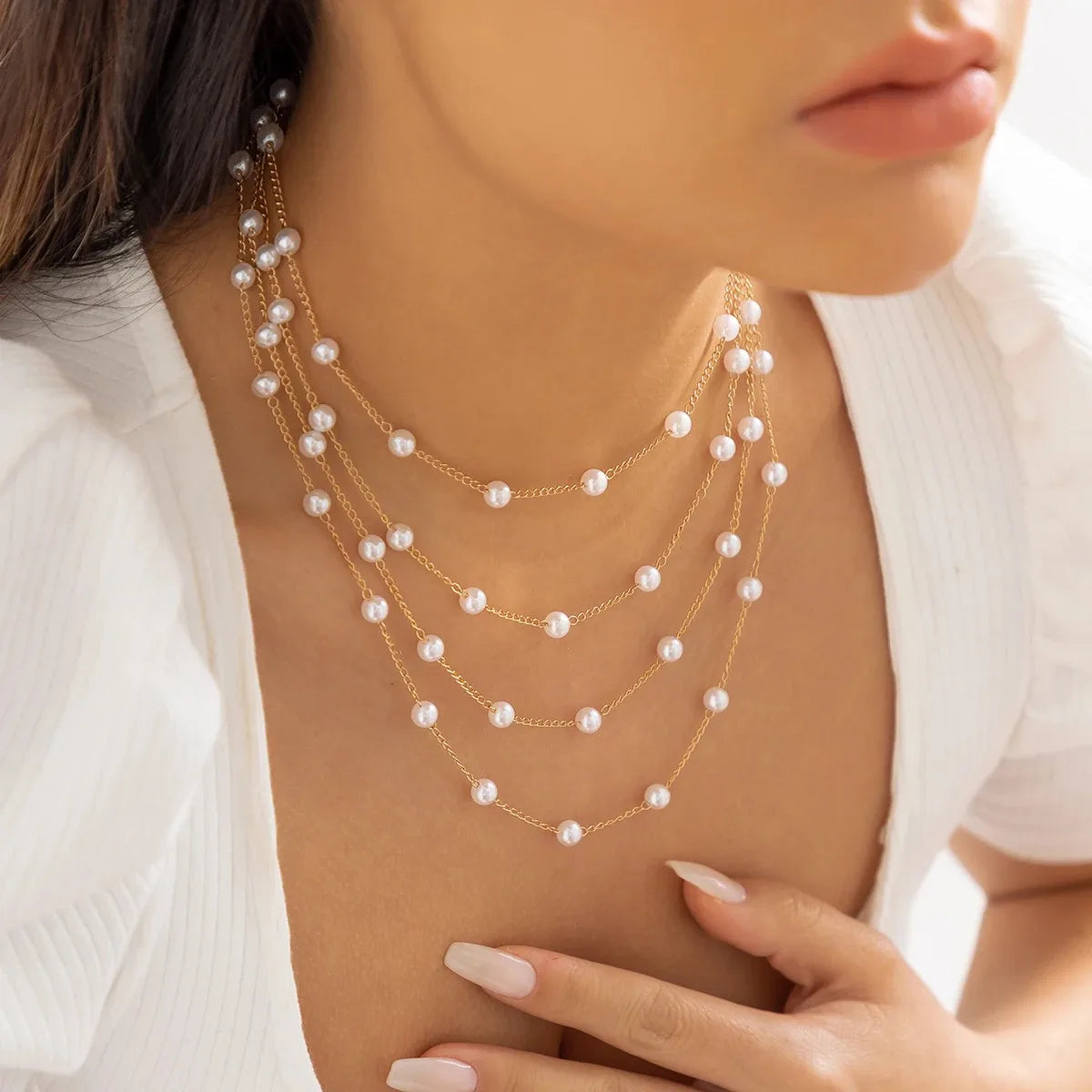 Multilayer Imitation Pearl Choker Necklace Women Vintage Gold Tassel Chain Clavicle Jewelry Wedding Party Accessories Gift