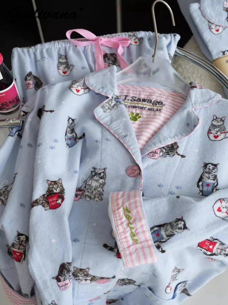 Japanese 100% Cotton Cute Cartoon Printed Pajamas Women's Spring Autumn and Winter Comfortable Loungewear Set Casual Sleepwear