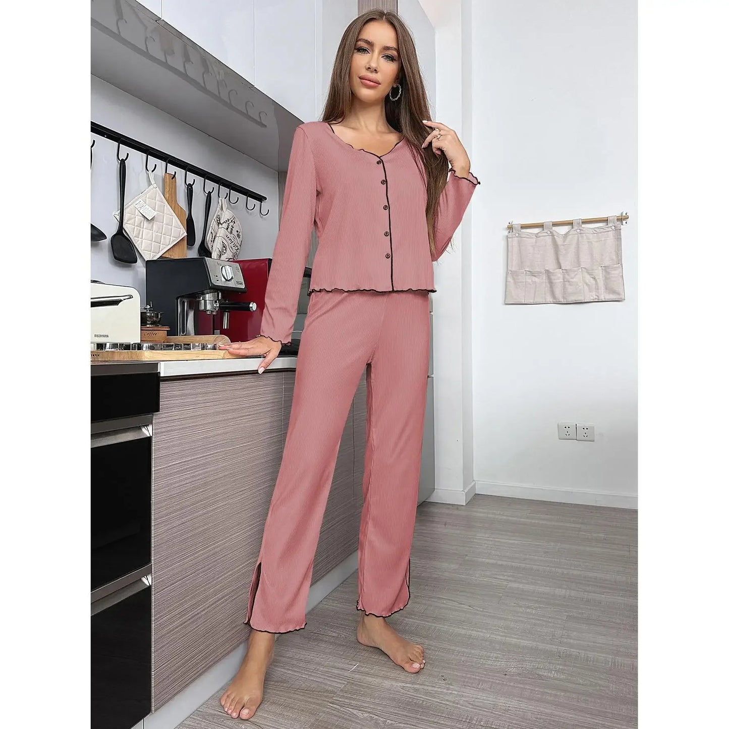 Europe hot-selling women's pajamas set autumn and winter pit strip cardigan long-sleeved trousers loungewear set