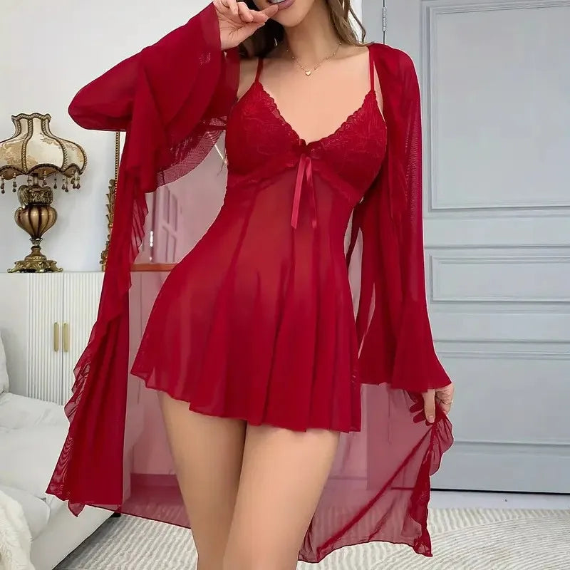 Women Sexy Robe Lingerie Set Lace V-neck Cami Dress with Transparent Mesh Night Gown Robe Nightwear Female Leisure Sleepwear