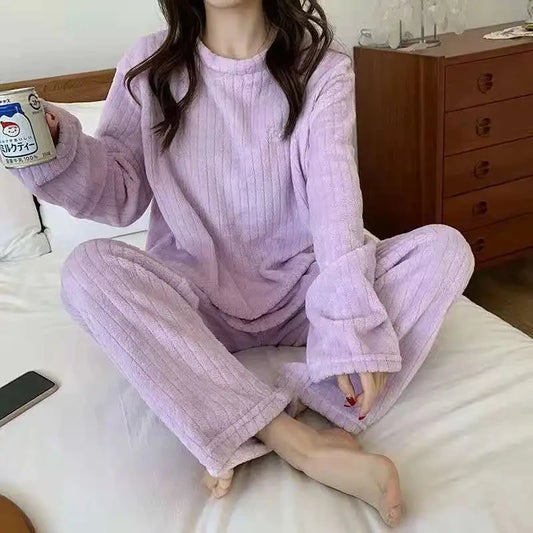 Coral fleece sleepwear for women in autumn and winter, solid color jacquard cotton velvet set, can be worn externally, with thic