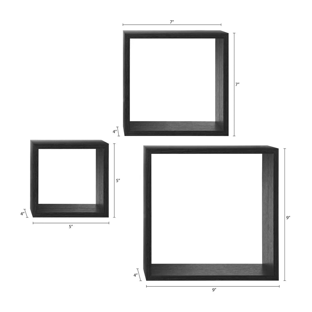 Modern Black Wood Cube Shelf Set Stylish Floating Storage Easy Installation Home Office Décor 3 Piece Set Holds 5lbs Each