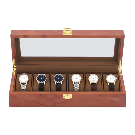 Vintage Wooden Watch Box with Glass Top 6 Slots Velvet Lined Display Case for Men Premium Brown Desktop Storage Case Organizer