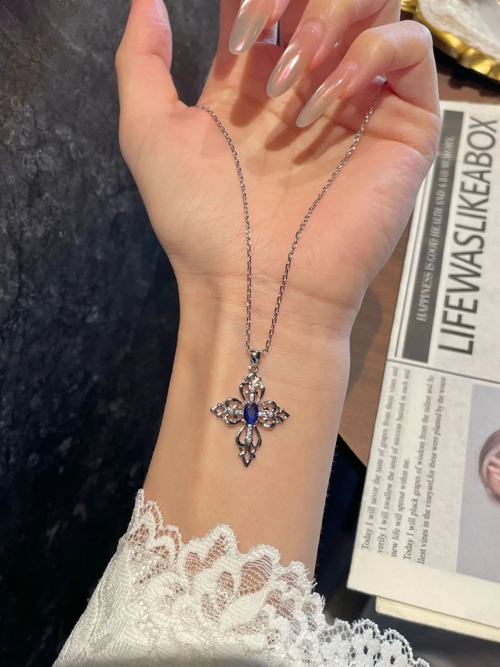 Sapphire Iris Cross Necklace Women's Light Luxury Niche Design Pendant Accessories Collarbone Chain Women