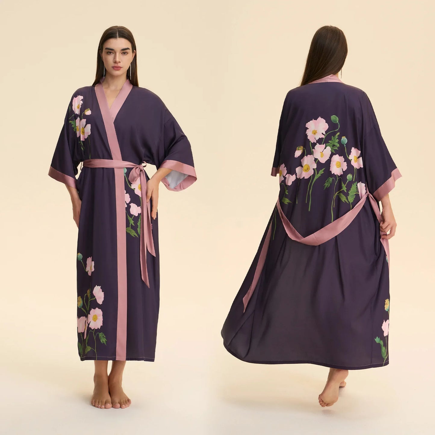 Chinese Style Print Flower Lonhg Robe Home Dress Silky Satin Kimono Bathrobe Gown Female Sleepwear Loose Nightgown Lounge Wear