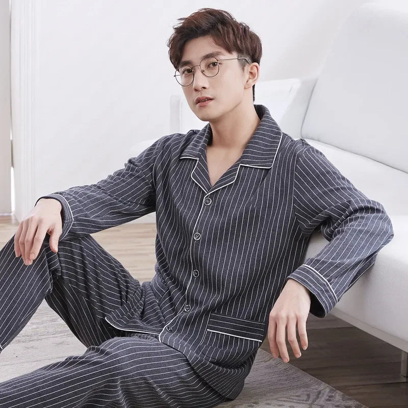 Pajamas Men's Long-Sleeved Spring and Autumn Men's Thin Youth Loose Home Clothes Two-Piece Suit