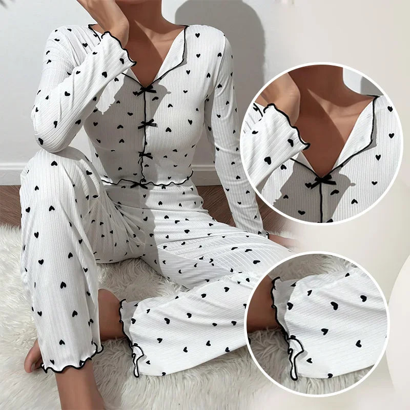 Women's V-Neck Pajama Set with Heart-Shaped Printed Long Sleeved Paired with Long Pants and Lettuce Trimmed Women's Pajama Set