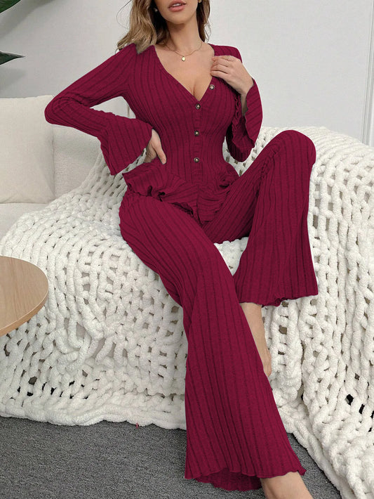 Women Sleepwear Autumn Winter Pajamas Sets Two Pieces Sexy V Neck Long Sleeve Tops and Trousers Set Loungewear Home Clothes