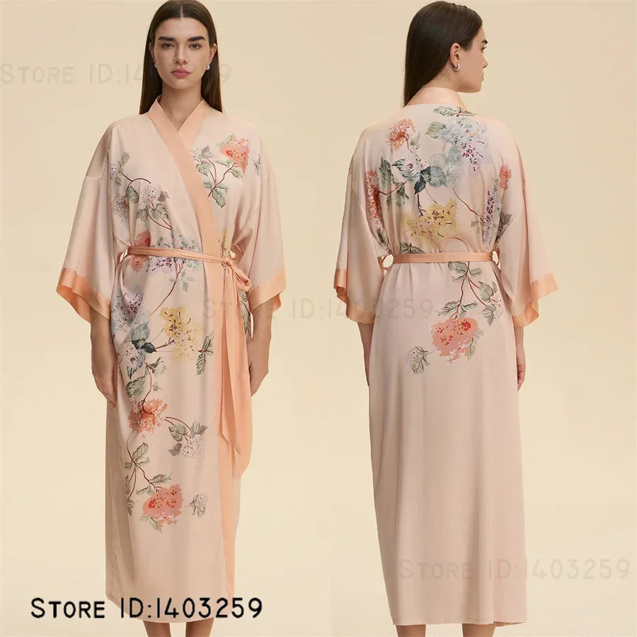 Chinese Style Print Flower Lonhg Robe Home Dress Silky Satin Kimono Bathrobe Gown Female Sleepwear Loose Nightgown Lounge Wear