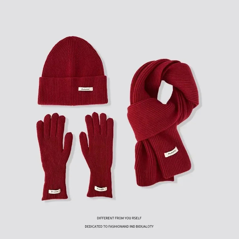Knitted Winter Scarf Woman Solid Color Hat Scarf Gloves Women's Windproof Adult Three-piece Set Fashion Women's Scarf Hat Set