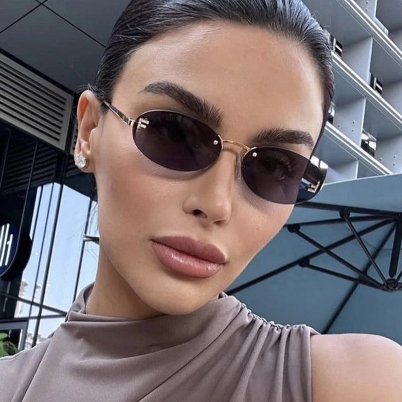 European and American Light Luxury Letter F Frameless Sunglasses Oval Retro Sunglasses Women's Fashionable Metal Sunglasses