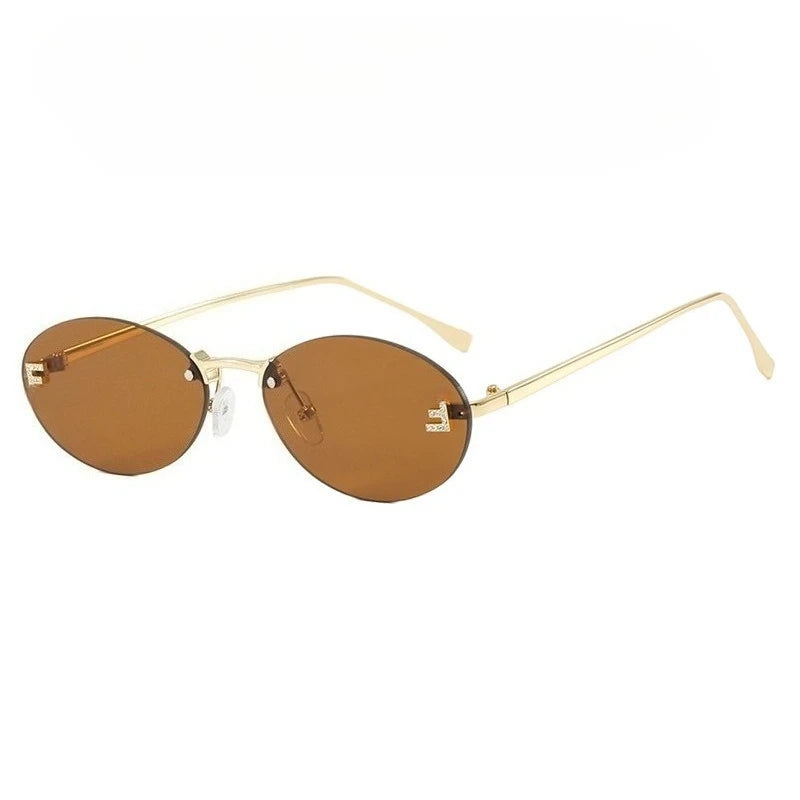 European and American Light Luxury Letter F Frameless Sunglasses Oval Retro Sunglasses Women's Fashionable Metal Sunglasses