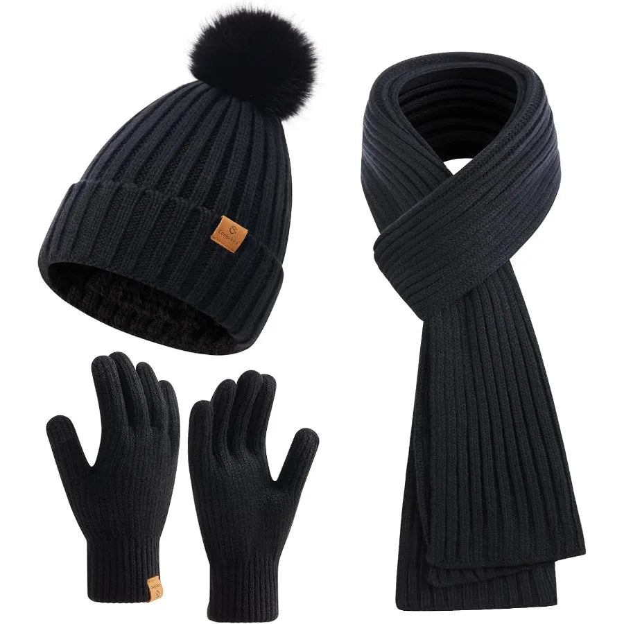 Winter Women's Long Scarf Gloves and Hat Set with Pom Pom for Cold Weather Protection Cozy Knit Beanie Hat with Matching Scarf